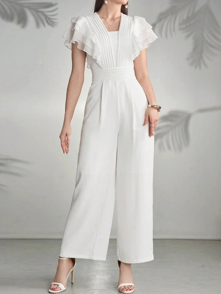 CM-JS321227 Women Elegant Seoul Style Square Neck Flounce Sleeve Ruffle Trim Pleated Jumpsuit - White