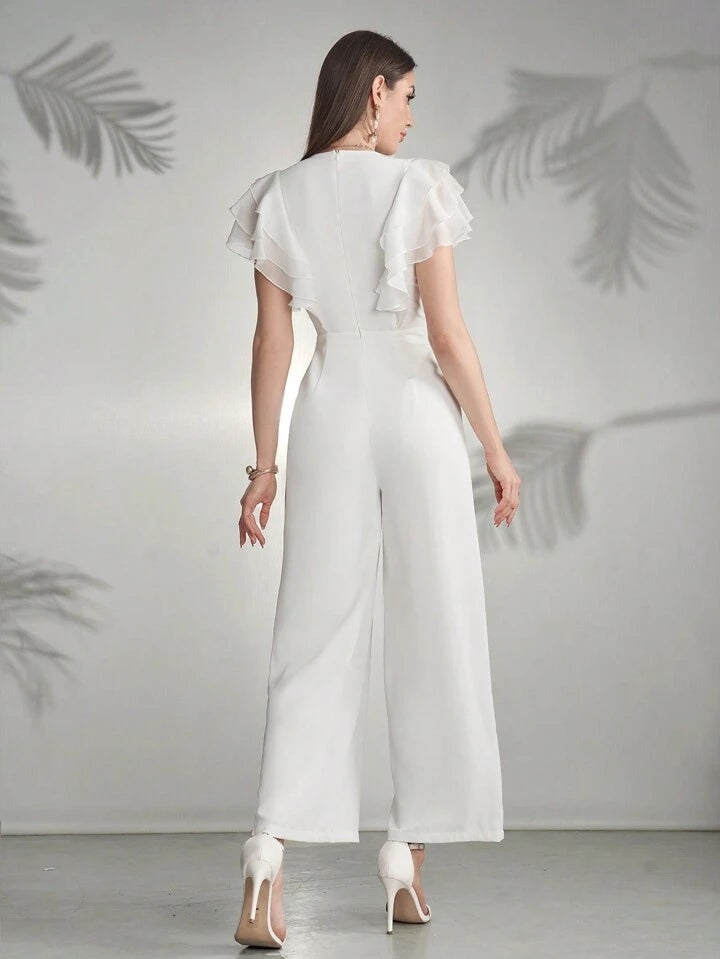CM-JS321227 Women Elegant Seoul Style Square Neck Flounce Sleeve Ruffle Trim Pleated Jumpsuit - White