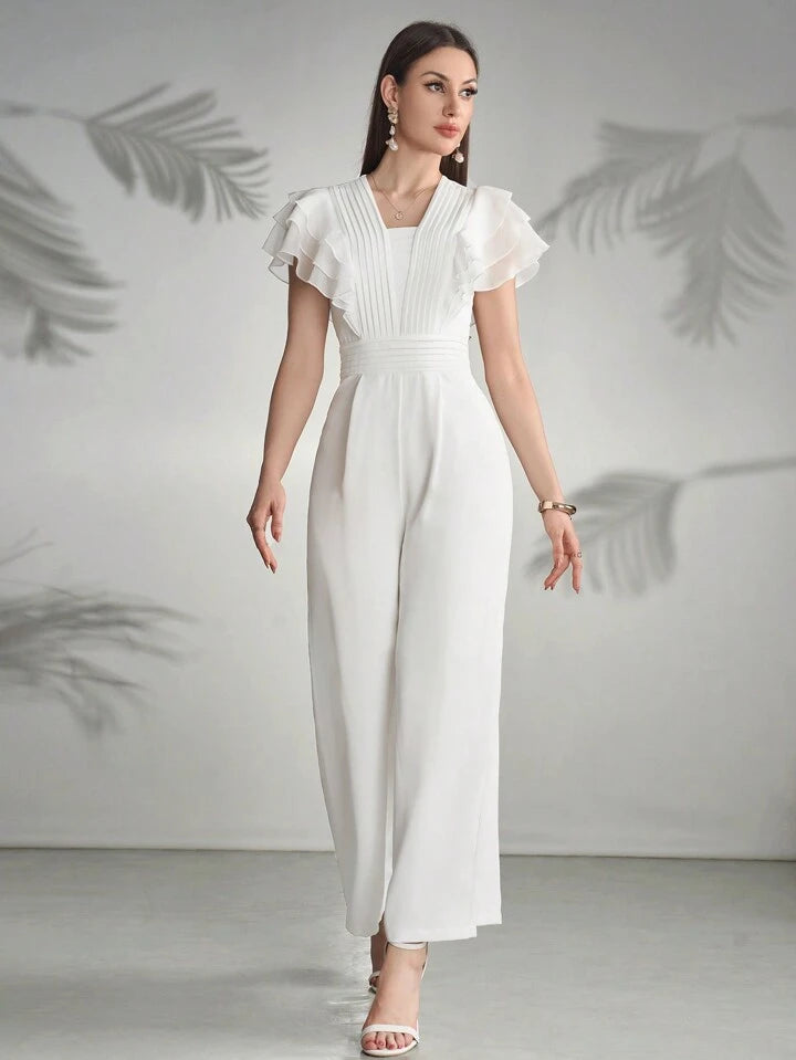 CM-JS321227 Women Elegant Seoul Style Square Neck Flounce Sleeve Ruffle Trim Pleated Jumpsuit - White