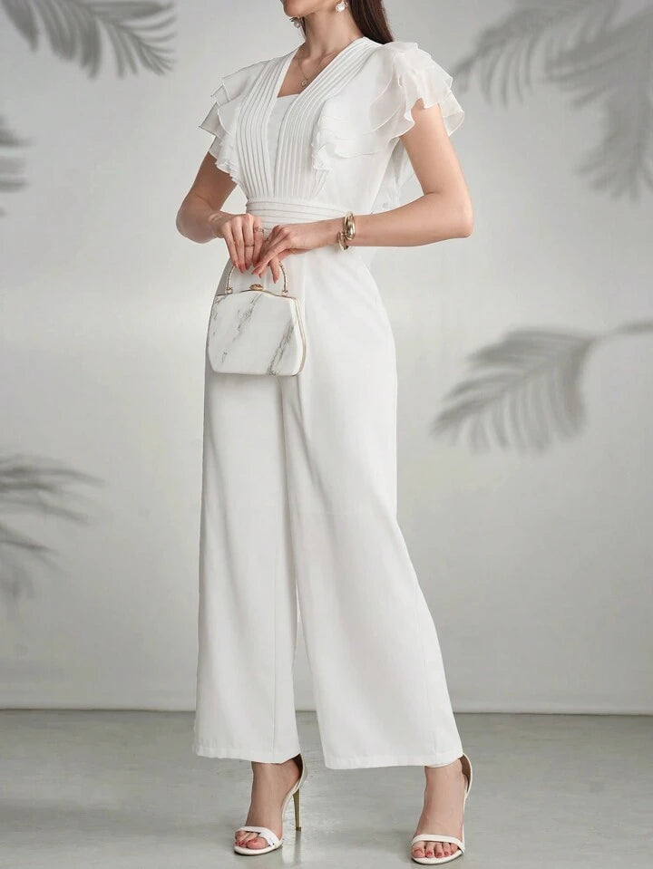 CM-JS321227 Women Elegant Seoul Style Square Neck Flounce Sleeve Ruffle Trim Pleated Jumpsuit - White