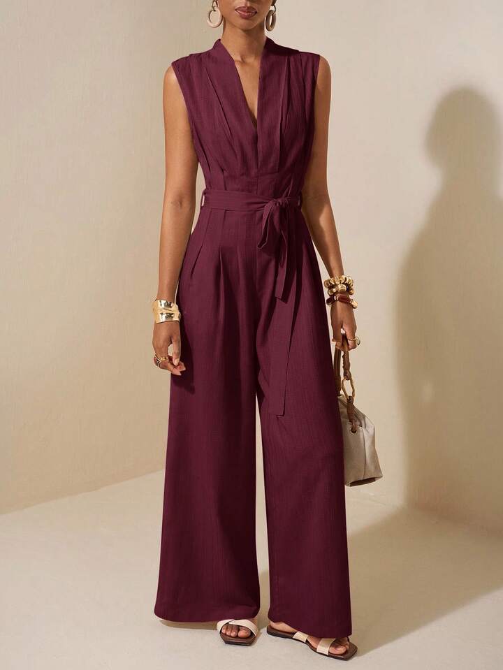 CM-JS864124 Women Trendy Bohemian Style V-Neck Sleeveless Ruched Waist Belt Tie Linen Jumpsuit - Burgundy