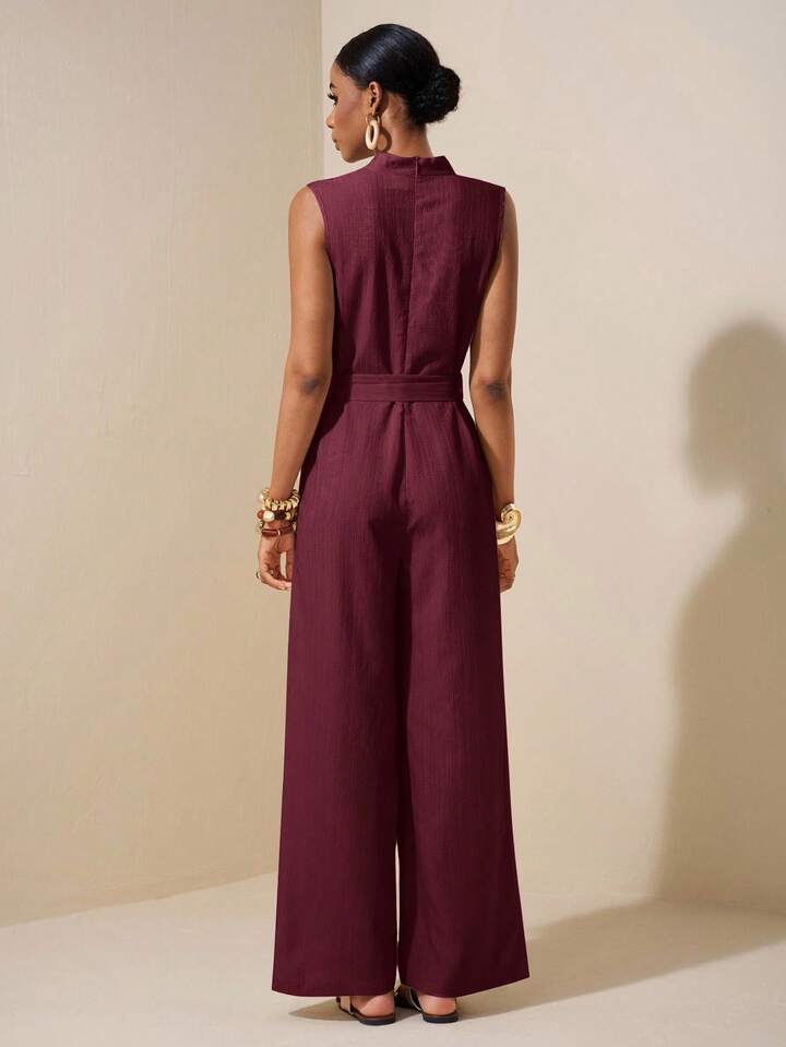 CM-JS864124 Women Trendy Bohemian Style V-Neck Sleeveless Ruched Waist Belt Tie Linen Jumpsuit - Burgundy