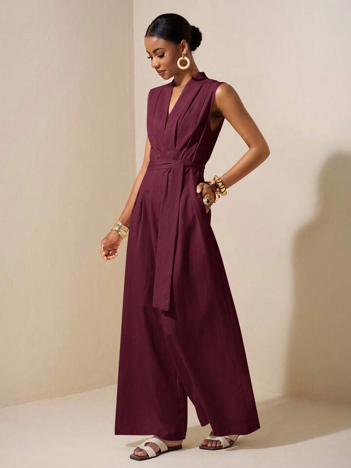 CM-JS864124 Women Trendy Bohemian Style V-Neck Sleeveless Ruched Waist Belt Tie Linen Jumpsuit - Burgundy
