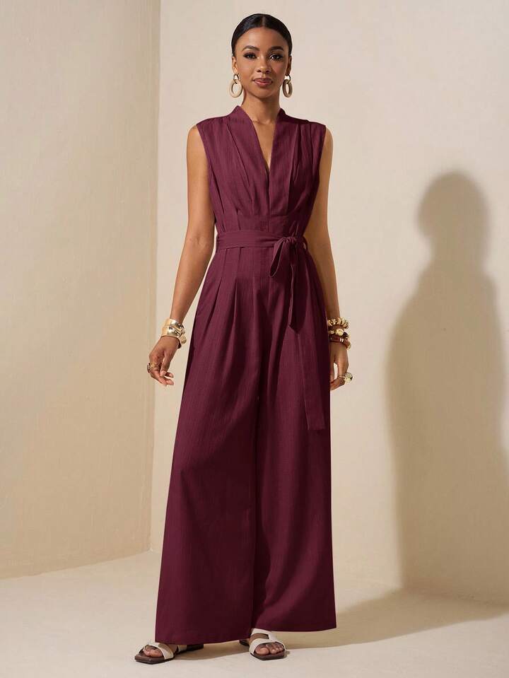 CM-JS864124 Women Trendy Bohemian Style V-Neck Sleeveless Ruched Waist Belt Tie Linen Jumpsuit - Burgundy