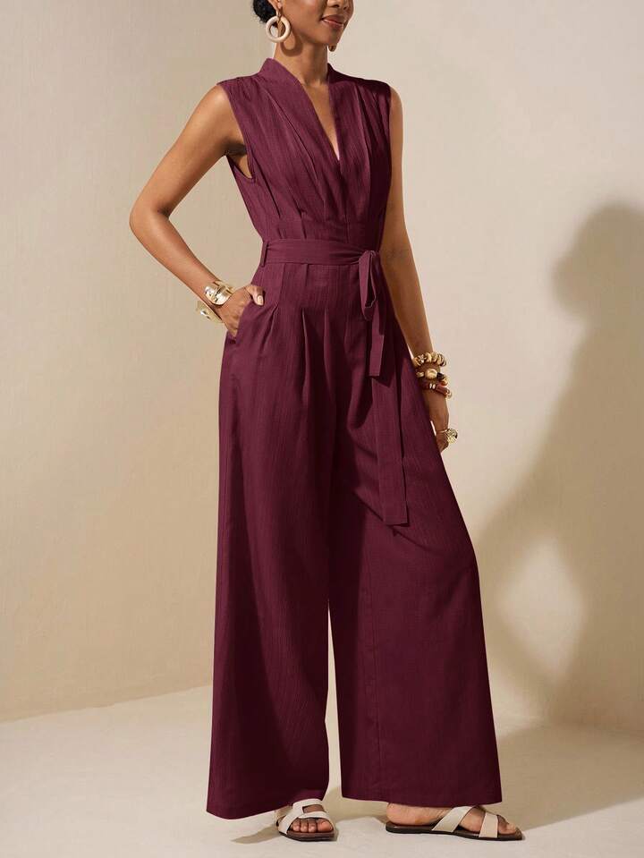 CM-JS864124 Women Trendy Bohemian Style V-Neck Sleeveless Ruched Waist Belt Tie Linen Jumpsuit - Burgundy