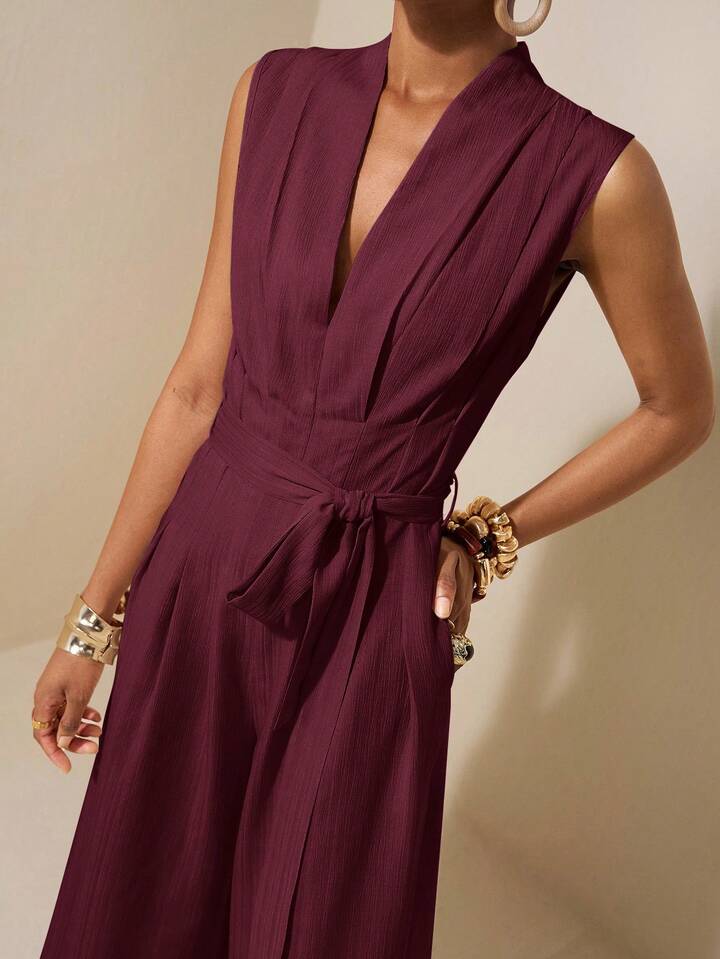 CM-JS864124 Women Trendy Bohemian Style V-Neck Sleeveless Ruched Waist Belt Tie Linen Jumpsuit - Burgundy