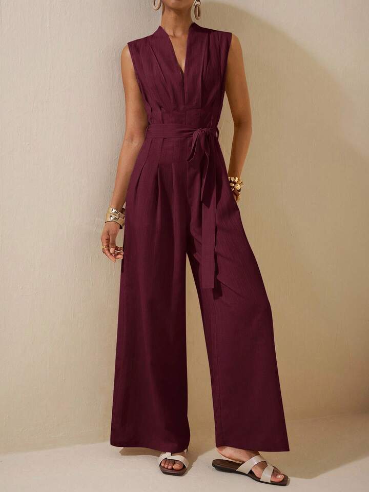 CM-JS864124 Women Trendy Bohemian Style V-Neck Sleeveless Ruched Waist Belt Tie Linen Jumpsuit - Burgundy