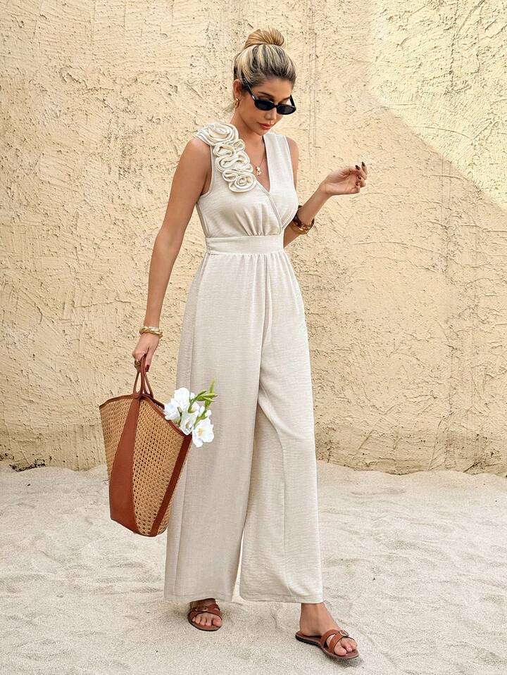 CM-JS628542 Women Trendy Bohemian Style Linen 3D Floral Decor V-Neck Sleeveless Wide Leg Jumpsuit