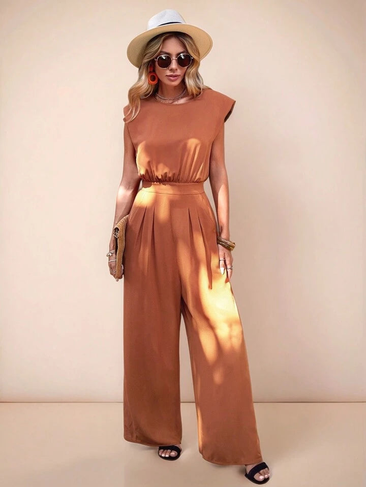 CM-JS019459 Women Trendy Bohemian Style Solid Slant Pocket Wide Leg Jumpsuit - Brown