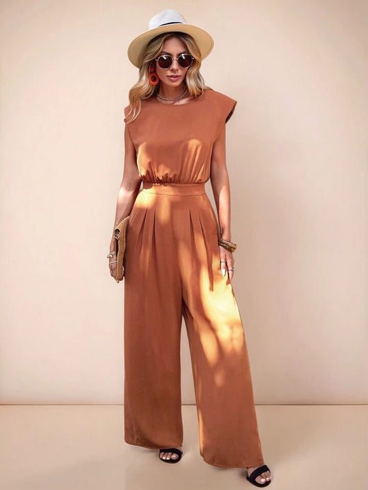 CM-JS019459 Women Trendy Bohemian Style Solid Slant Pocket Wide Leg Jumpsuit - Brown