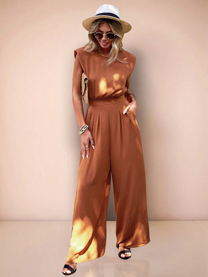 CM-JS019459 Women Trendy Bohemian Style Solid Slant Pocket Wide Leg Jumpsuit - Brown
