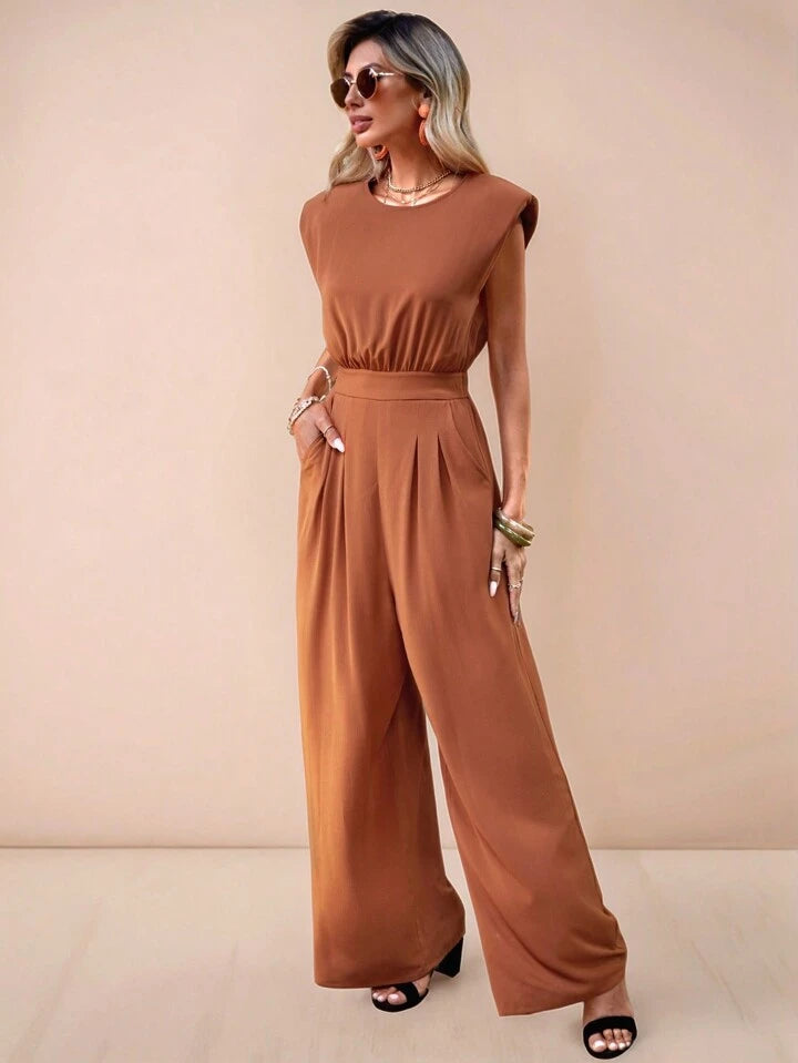 CM-JS019459 Women Trendy Bohemian Style Solid Slant Pocket Wide Leg Jumpsuit - Brown