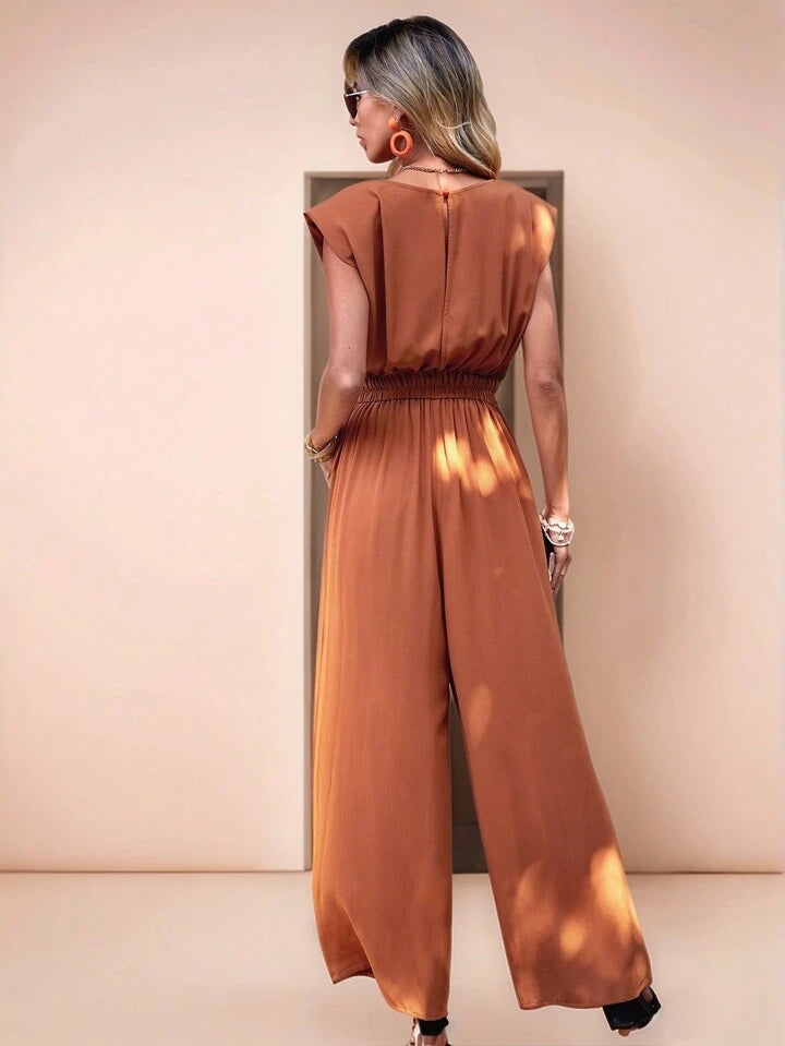 CM-JS019459 Women Trendy Bohemian Style Solid Slant Pocket Wide Leg Jumpsuit - Brown