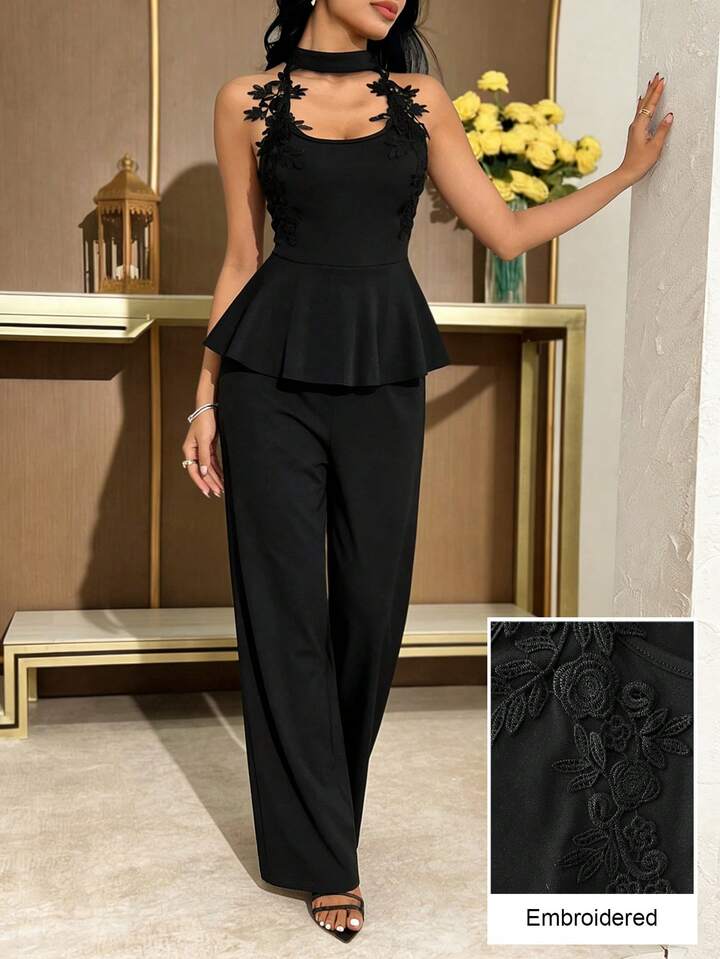 CM-JS958594 Women Elegant Seoul Style Halter Cutout Shoulder Applique Slim Fit Jumpsuit - Black