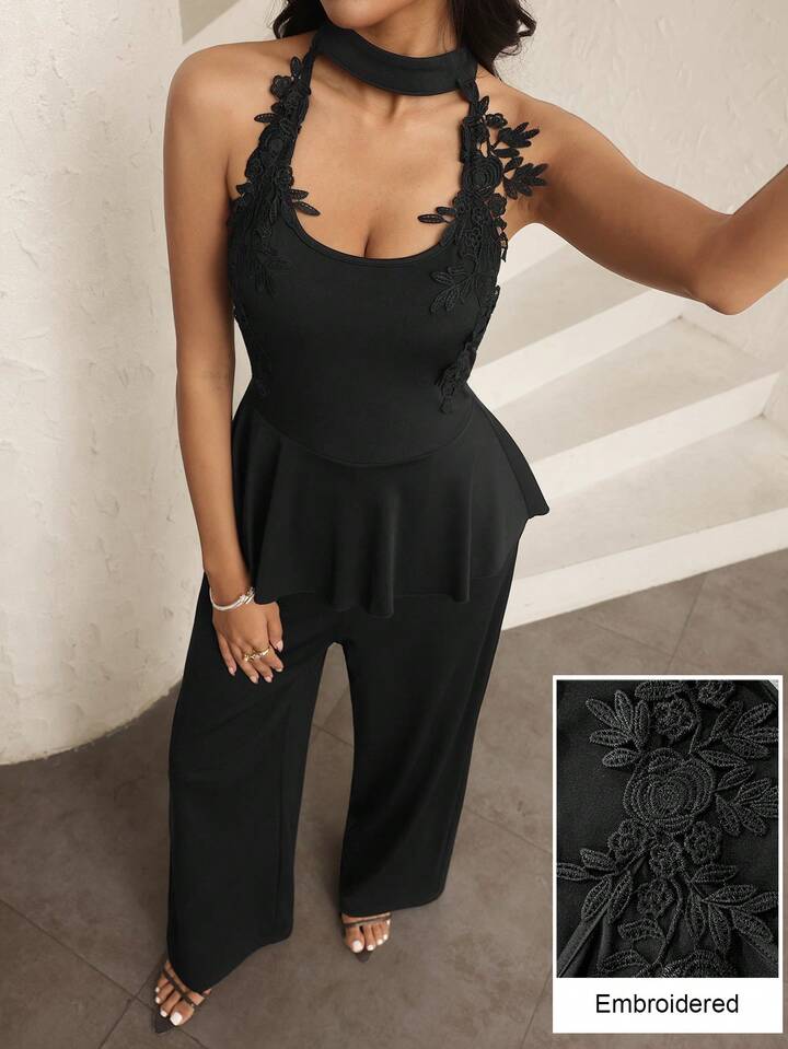 CM-JS958594 Women Elegant Seoul Style Halter Cutout Shoulder Applique Slim Fit Jumpsuit - Black