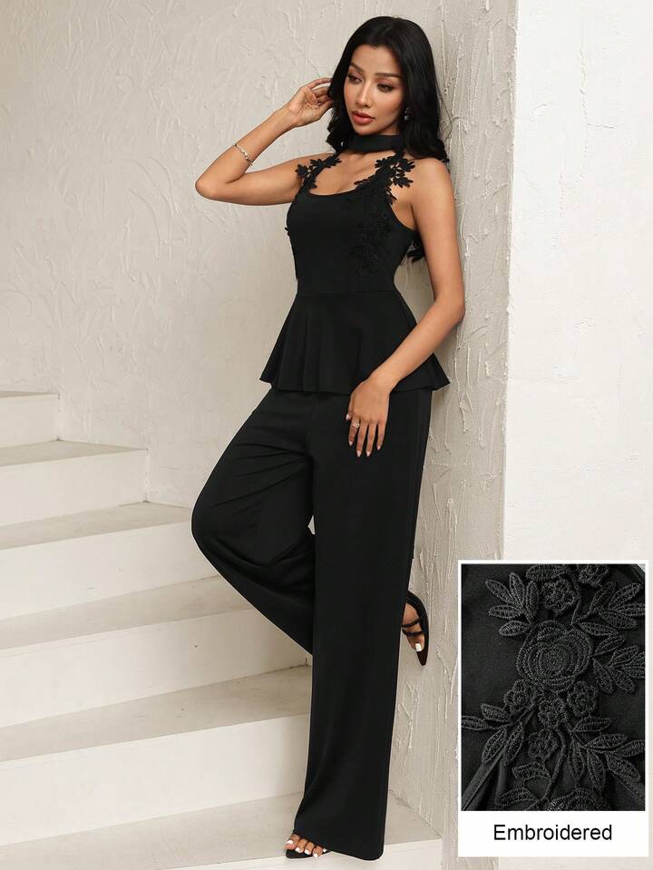 CM-JS958594 Women Elegant Seoul Style Halter Cutout Shoulder Applique Slim Fit Jumpsuit - Black