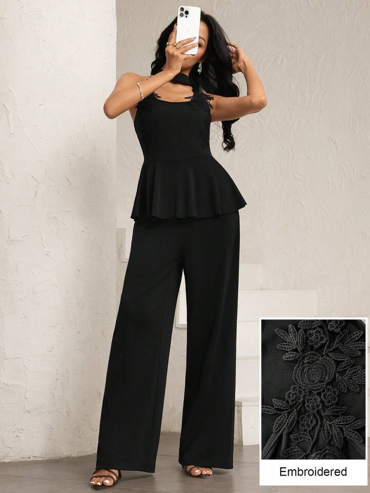 CM-JS958594 Women Elegant Seoul Style Halter Cutout Shoulder Applique Slim Fit Jumpsuit - Black