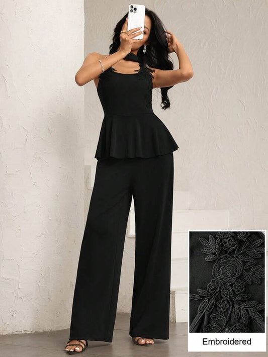 CM-JS958594 Women Elegant Seoul Style Halter Cutout Shoulder Applique Slim Fit Jumpsuit - Black