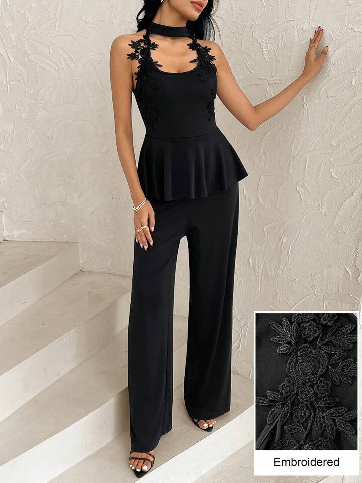 CM-JS958594 Women Elegant Seoul Style Halter Cutout Shoulder Applique Slim Fit Jumpsuit - Black