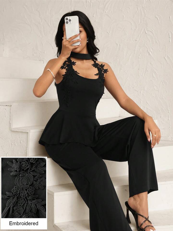 CM-JS958594 Women Elegant Seoul Style Halter Cutout Shoulder Applique Slim Fit Jumpsuit - Black
