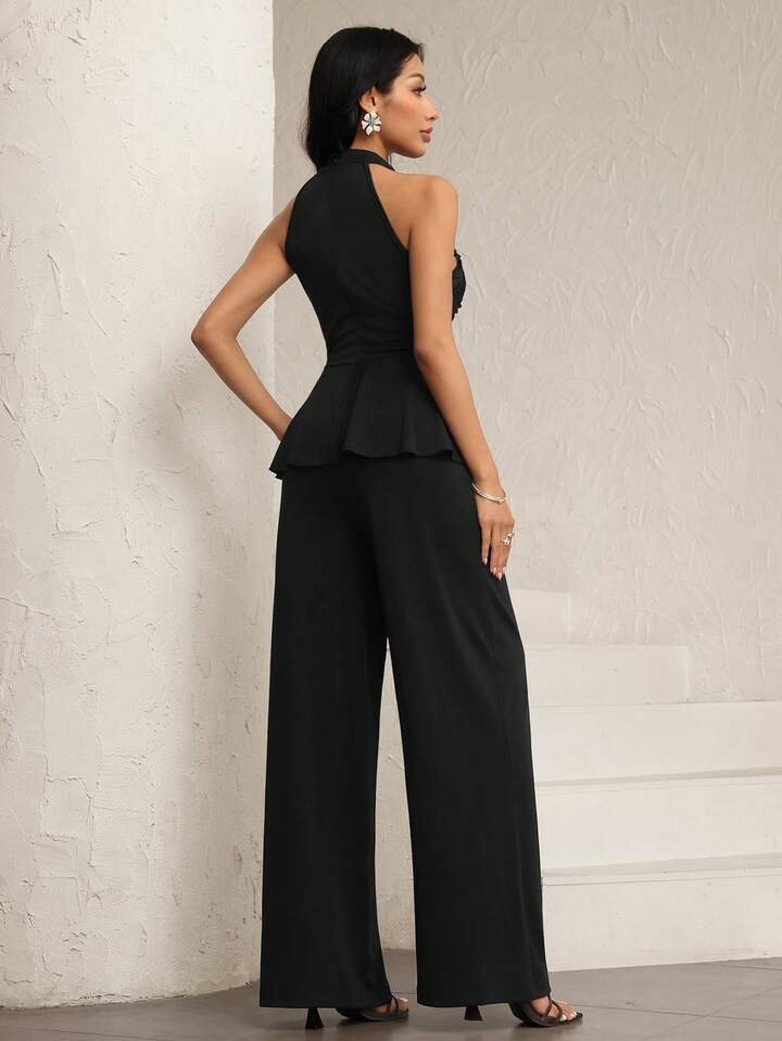 CM-JS958594 Women Elegant Seoul Style Halter Cutout Shoulder Applique Slim Fit Jumpsuit - Black
