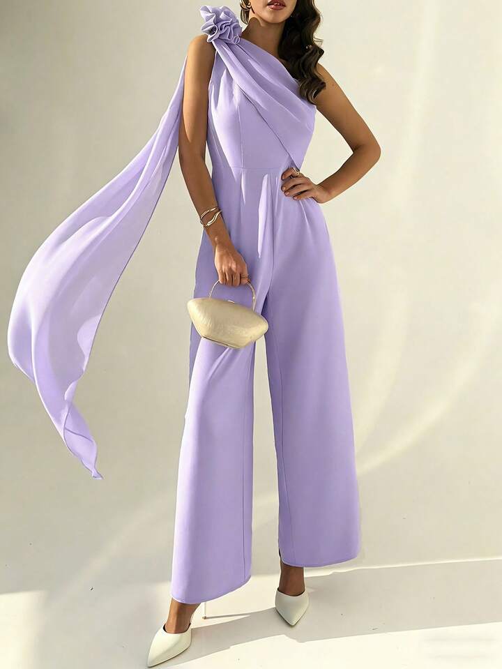 CM-JS693889 Women Elegant Seoul Style One-Shoulder Neckline Pleated Waist Pearl-Embellished Chiffon Jumpsuit