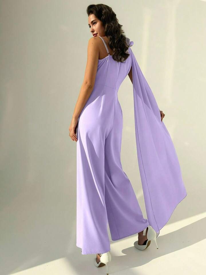 CM-JS693889 Women Elegant Seoul Style One-Shoulder Neckline Pleated Waist Pearl-Embellished Chiffon Jumpsuit