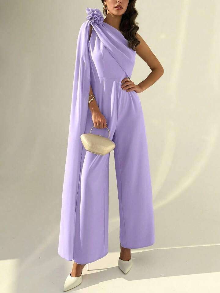 CM-JS693889 Women Elegant Seoul Style One-Shoulder Neckline Pleated Waist Pearl-Embellished Chiffon Jumpsuit