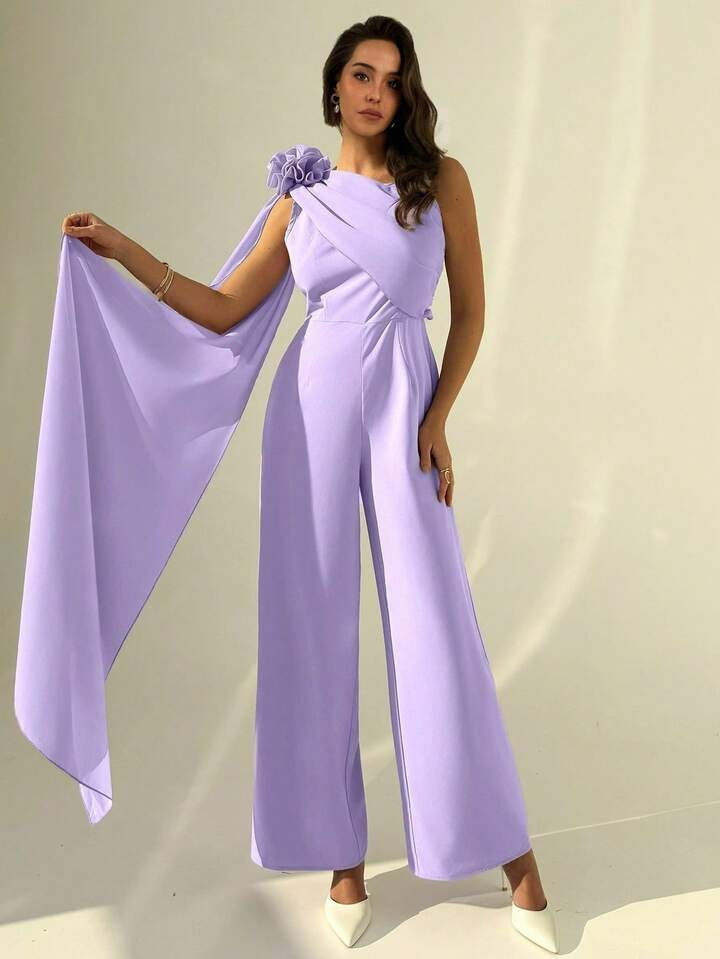 CM-JS693889 Women Elegant Seoul Style One-Shoulder Neckline Pleated Waist Pearl-Embellished Chiffon Jumpsuit