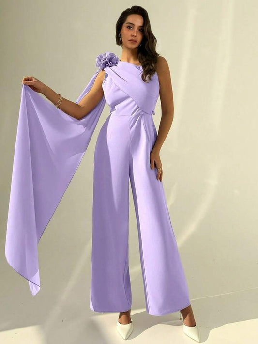 CM-JS693889 Women Elegant Seoul Style One-Shoulder Neckline Pleated Waist Pearl-Embellished Chiffon Jumpsuit