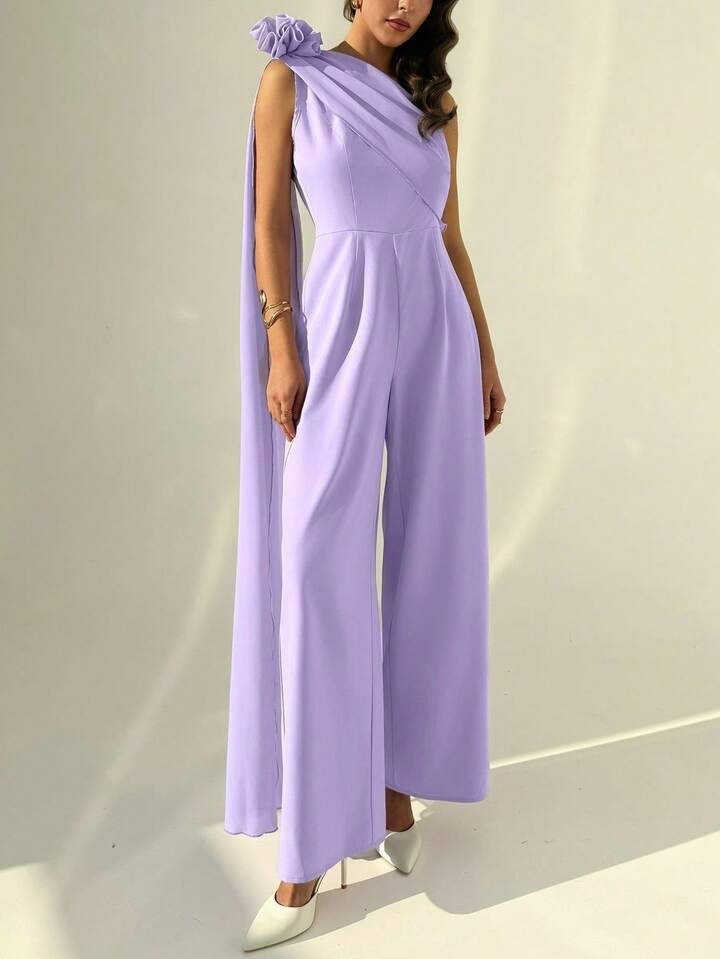 CM-JS693889 Women Elegant Seoul Style One-Shoulder Neckline Pleated Waist Pearl-Embellished Chiffon Jumpsuit