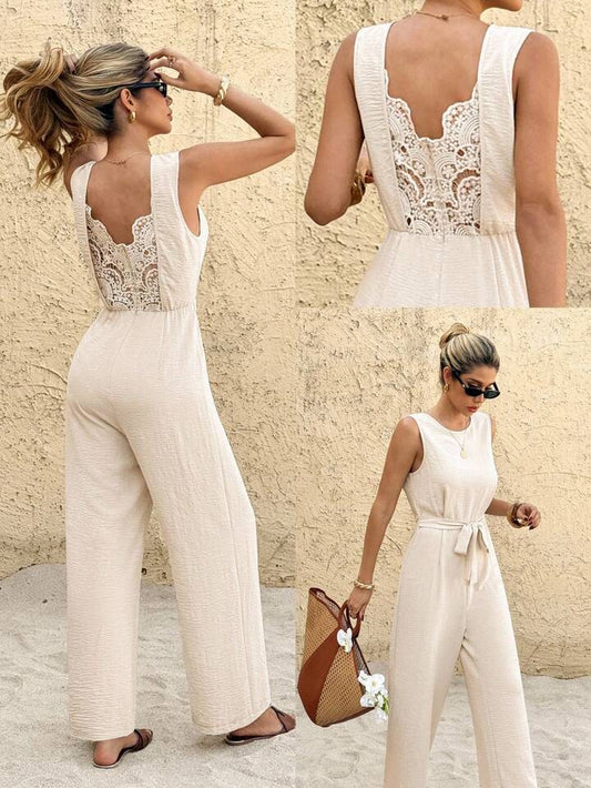 CM-JS101147 Women Trendy Bohemian Style Round Neck Hollow Lace Patchwork Sleeveless Jumpsuit
