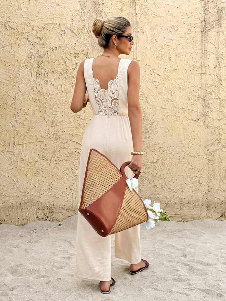 CM-JS101147 Women Trendy Bohemian Style Round Neck Hollow Lace Patchwork Sleeveless Jumpsuit