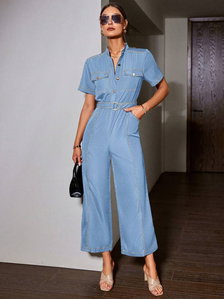 CM-JS203533 Women Elegant Seoul Style Notched Neckline Roll Up Sleeve Colorblock Wide Leg Jumpsuit - Baby Blue