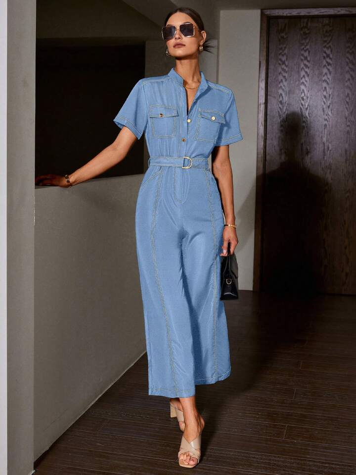CM-JS203533 Women Elegant Seoul Style Notched Neckline Roll Up Sleeve Colorblock Wide Leg Jumpsuit - Baby Blue