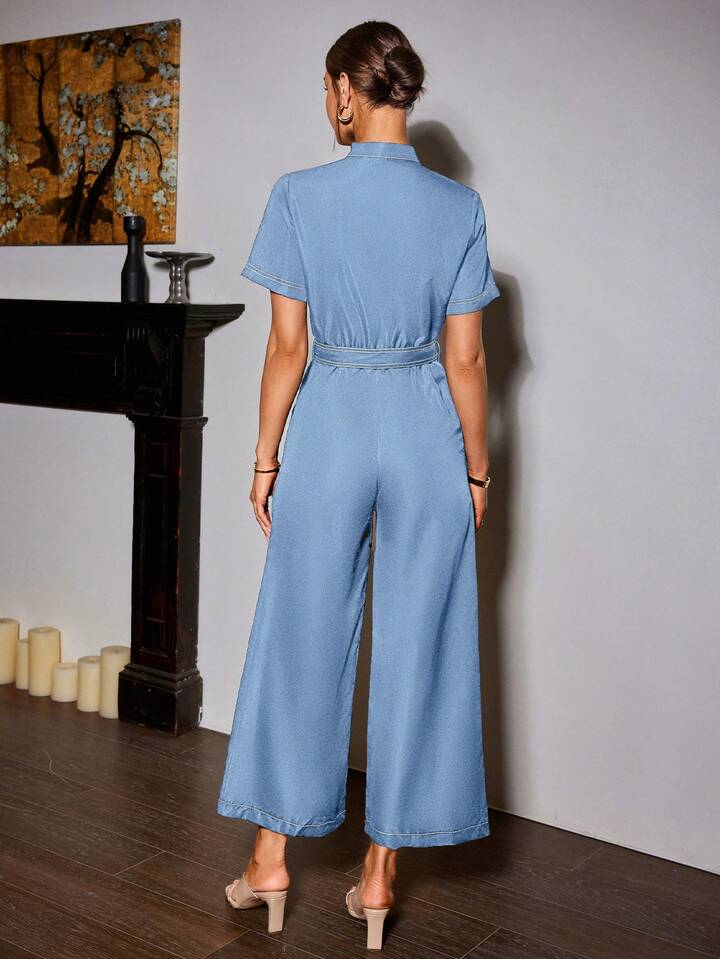 CM-JS203533 Women Elegant Seoul Style Notched Neckline Roll Up Sleeve Colorblock Wide Leg Jumpsuit - Baby Blue
