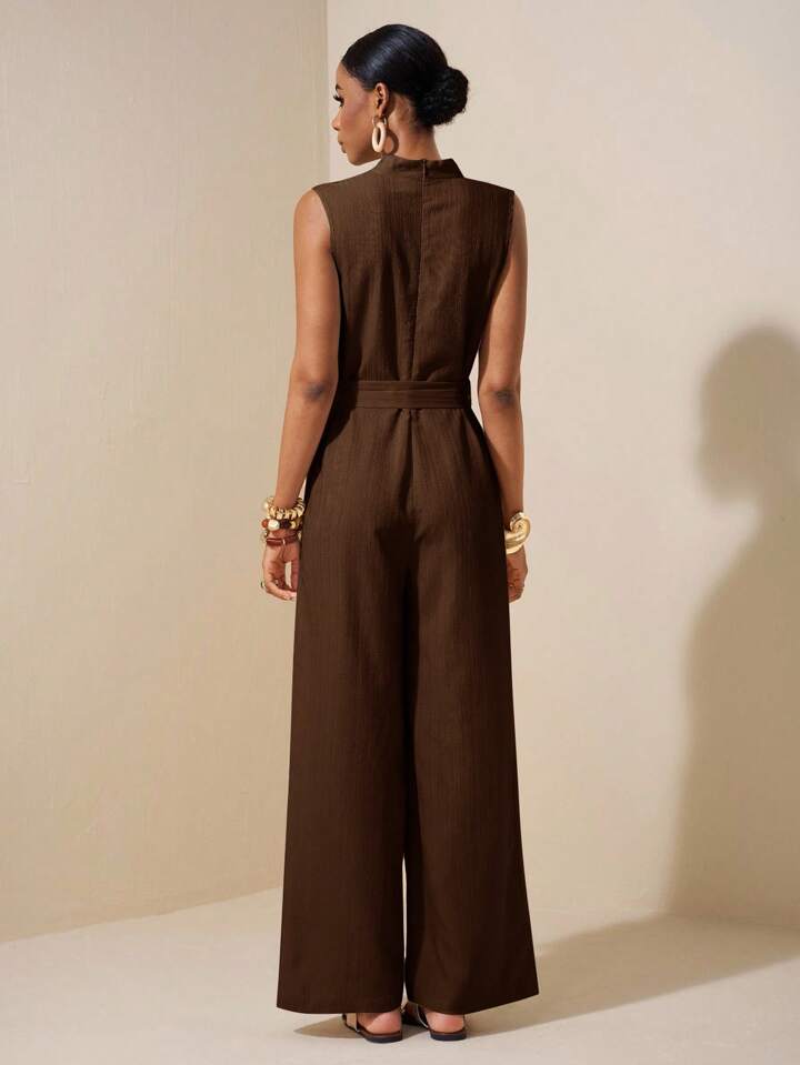 CM-JS871468 Women Trendy Bohemian Style V-Neck Sleeveless Ruched Waist Belt Tie Linen Jumpsuit - Brown