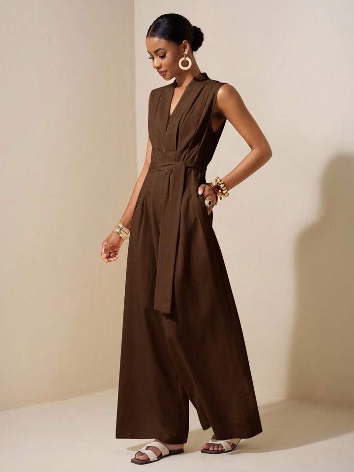 CM-JS871468 Women Trendy Bohemian Style V-Neck Sleeveless Ruched Waist Belt Tie Linen Jumpsuit - Brown