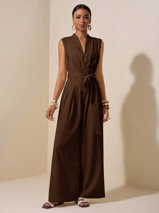 CM-JS871468 Women Trendy Bohemian Style V-Neck Sleeveless Ruched Waist Belt Tie Linen Jumpsuit - Brown