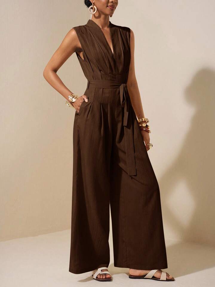 CM-JS871468 Women Trendy Bohemian Style V-Neck Sleeveless Ruched Waist Belt Tie Linen Jumpsuit - Brown