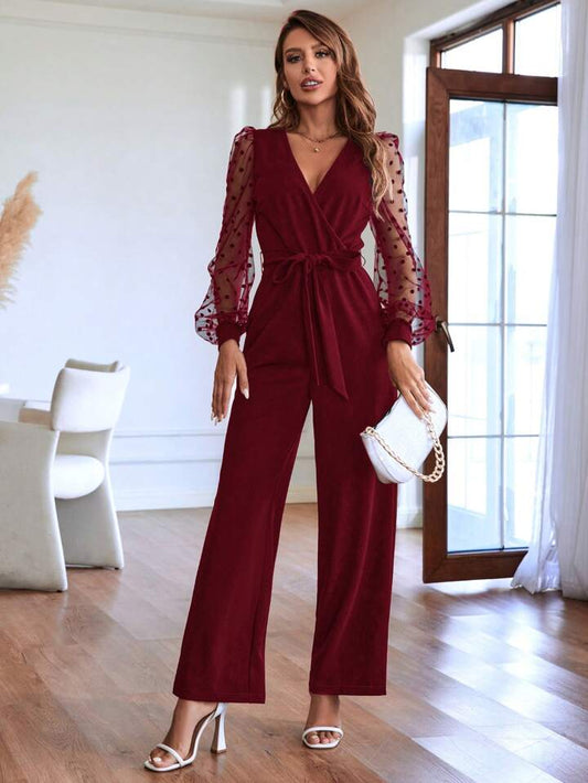 CM-JS509957 Women Elegant Seoul Style Contrast Dobby Mesh Lantern Sleeve Belted Jumpsuit - Burgundy