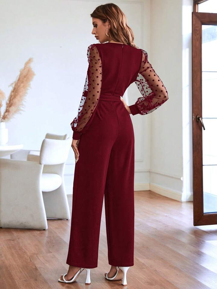CM-JS509957 Women Elegant Seoul Style Contrast Dobby Mesh Lantern Sleeve Belted Jumpsuit - Burgundy