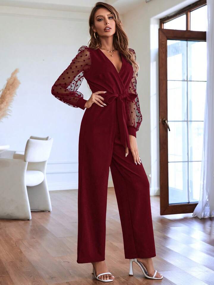 CM-JS509957 Women Elegant Seoul Style Contrast Dobby Mesh Lantern Sleeve Belted Jumpsuit - Burgundy