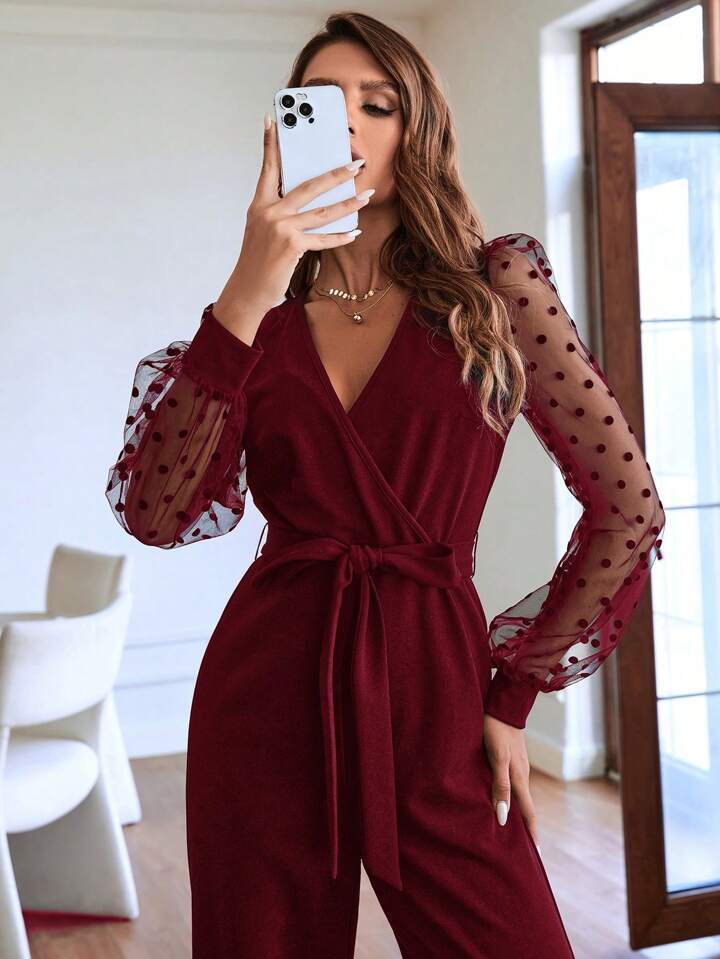 CM-JS509957 Women Elegant Seoul Style Contrast Dobby Mesh Lantern Sleeve Belted Jumpsuit - Burgundy