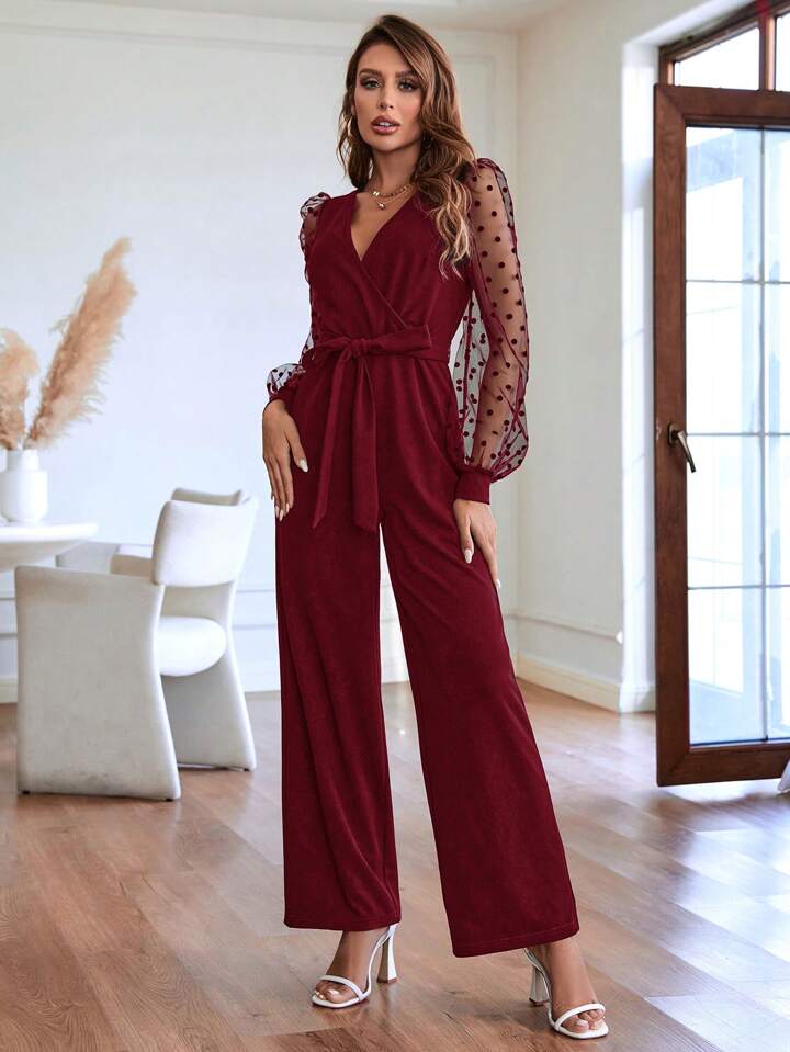 CM-JS509957 Women Elegant Seoul Style Contrast Dobby Mesh Lantern Sleeve Belted Jumpsuit - Burgundy