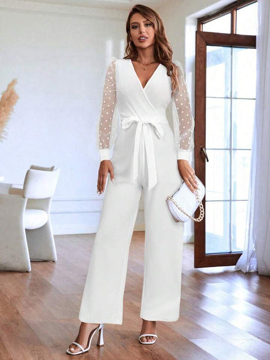 CM-JS572806 Women Elegant Seoul Style Contrast Dobby Mesh Lantern Sleeve Belted Jumpsuit - White