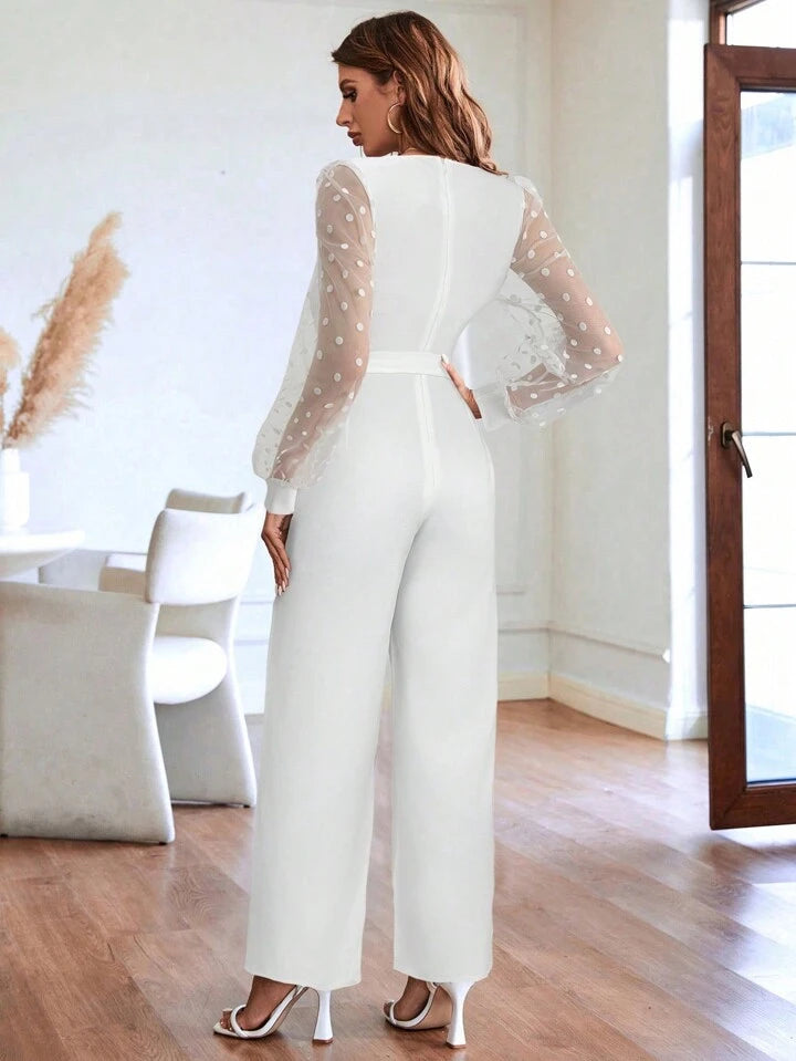 CM-JS572806 Women Elegant Seoul Style Contrast Dobby Mesh Lantern Sleeve Belted Jumpsuit - White