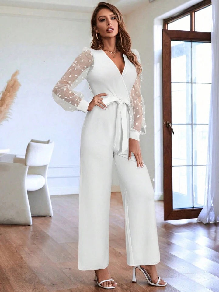 CM-JS572806 Women Elegant Seoul Style Contrast Dobby Mesh Lantern Sleeve Belted Jumpsuit - White