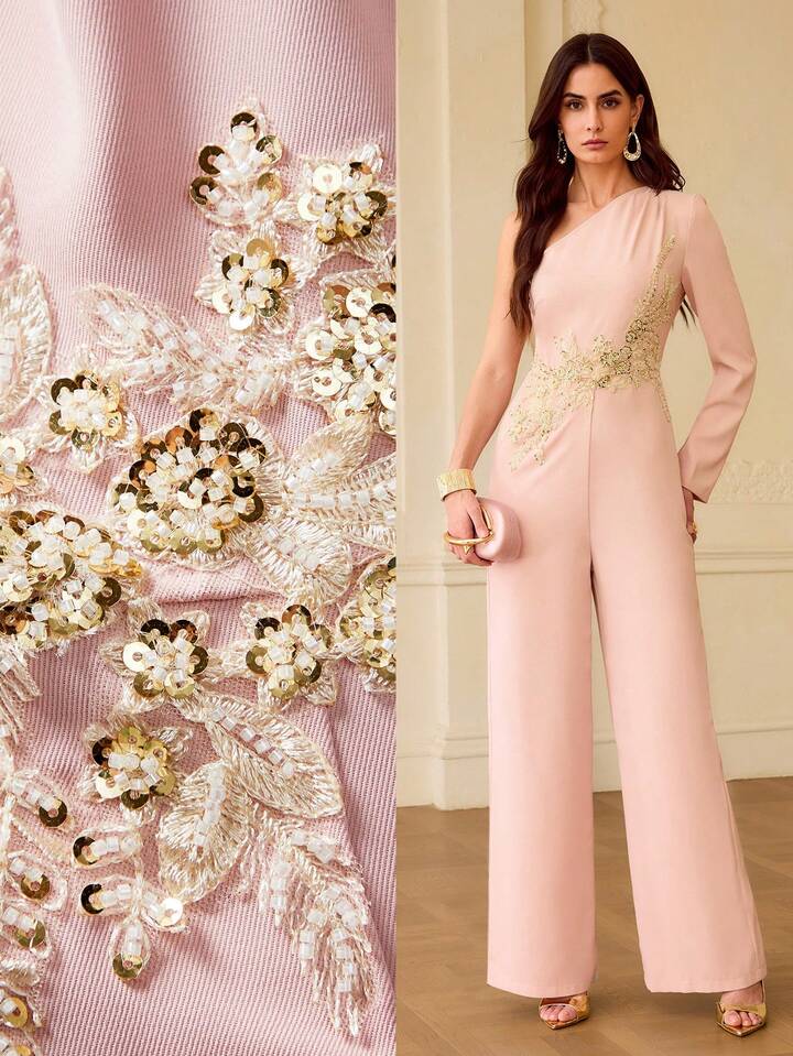 CM-JS256306 Women Elegant Seoul Style Asymmetric Neck Pleated Floral Embroidery Jumpsuit - Dusty Pink