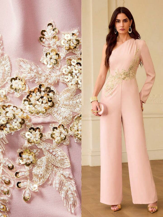 CM-JS256306 Women Elegant Seoul Style Asymmetric Neck Pleated Floral Embroidery Jumpsuit - Dusty Pink